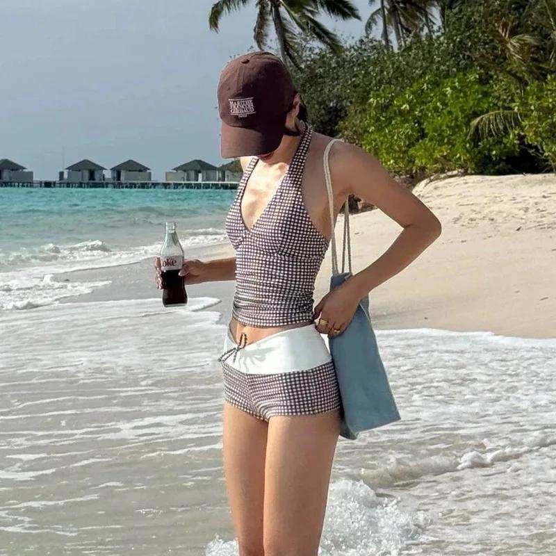 Maillot de bain deux pièces, Sexy, décolleté en V profond, Push Up, taille haute, à carreaux, contrô