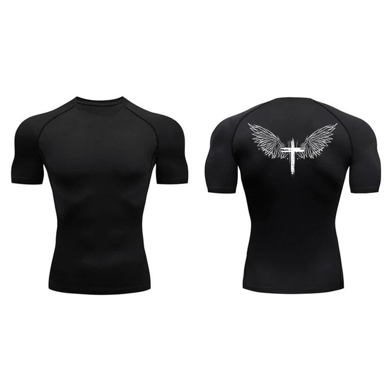 Chemises de Compression à manches courtes pour hommes, imprimé croisé, t-shirts athlétiques à séchag