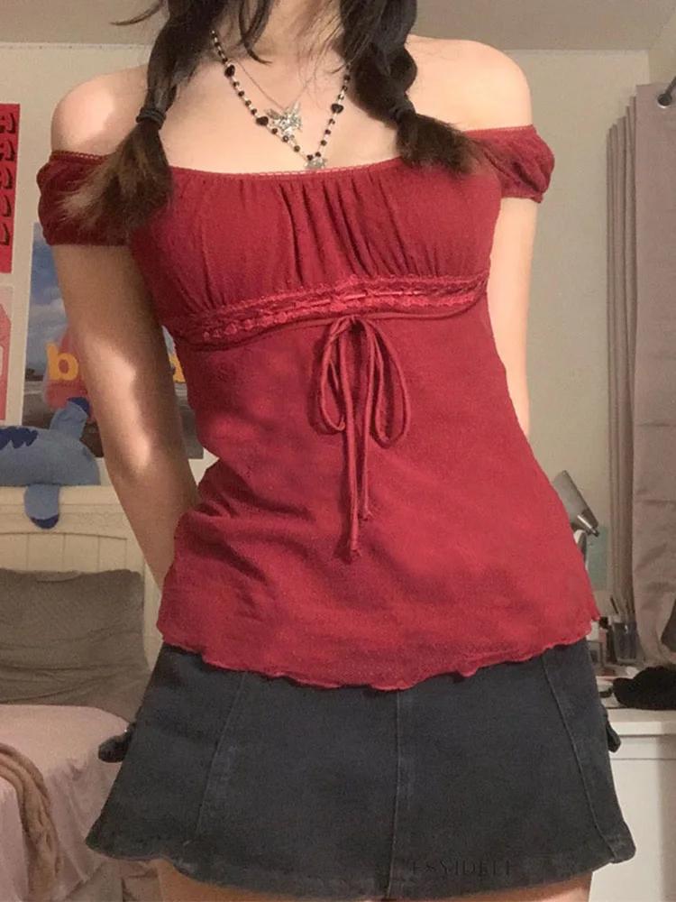 T-shirt en dentelle pour femmes, épaules dénudées, avec cordon de serrage, mode coréenne, fée Grunge