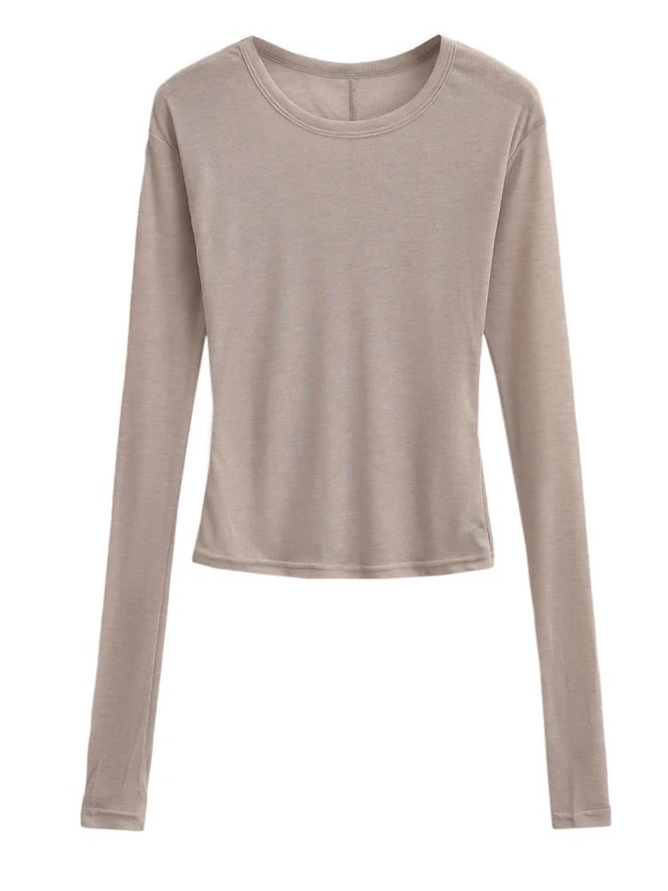 T-shirt semi-transparent à manches longues et col rond pour femme, coupe slim, printemps et été