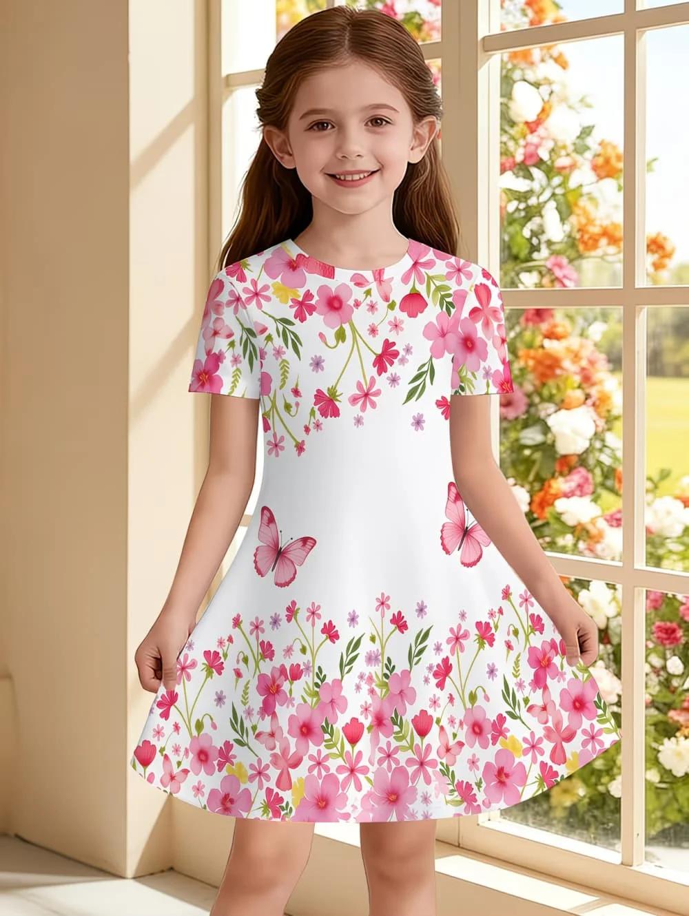 Robes pour filles, robe à manches courtes avec imprimé floral coloré, robe de princesse pour vacance