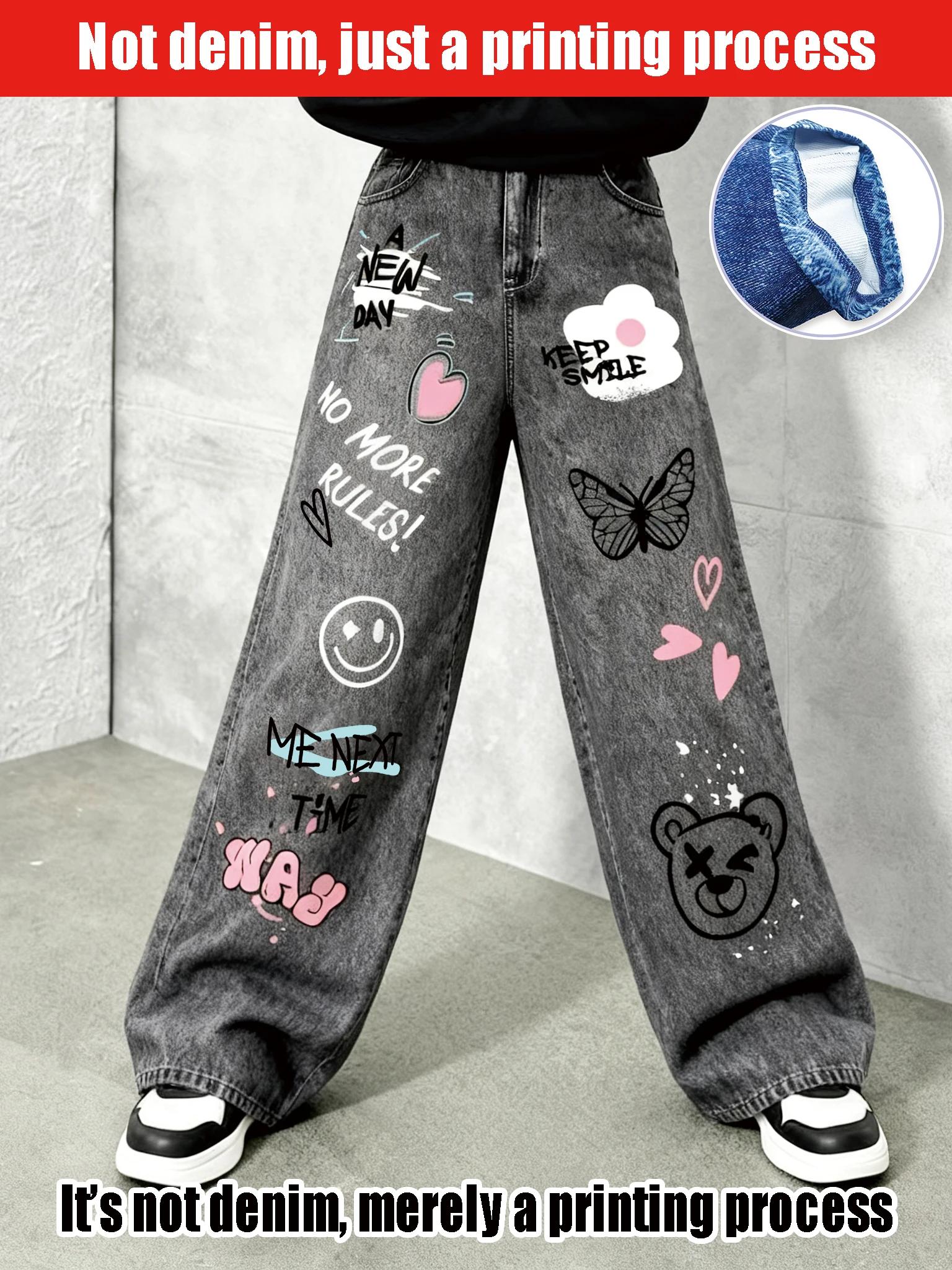 Faux jean à jambes larges imprimé graffiti de dessin animé Y2K pour filles – Faux jean coupe ample à