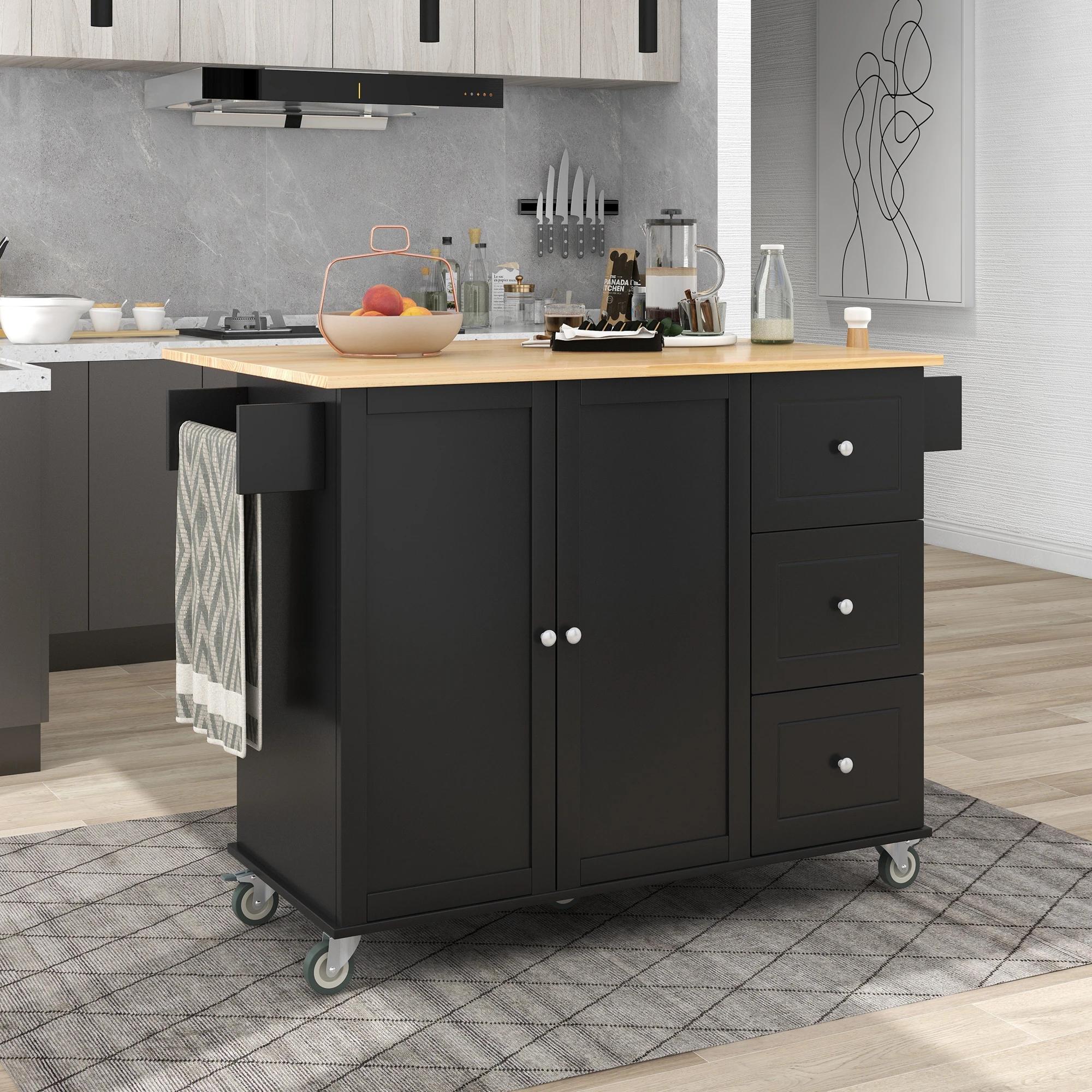 Îlot de cuisine mobile roulant avec plateau en bois massif et roues de verrouillage, armoire de rang