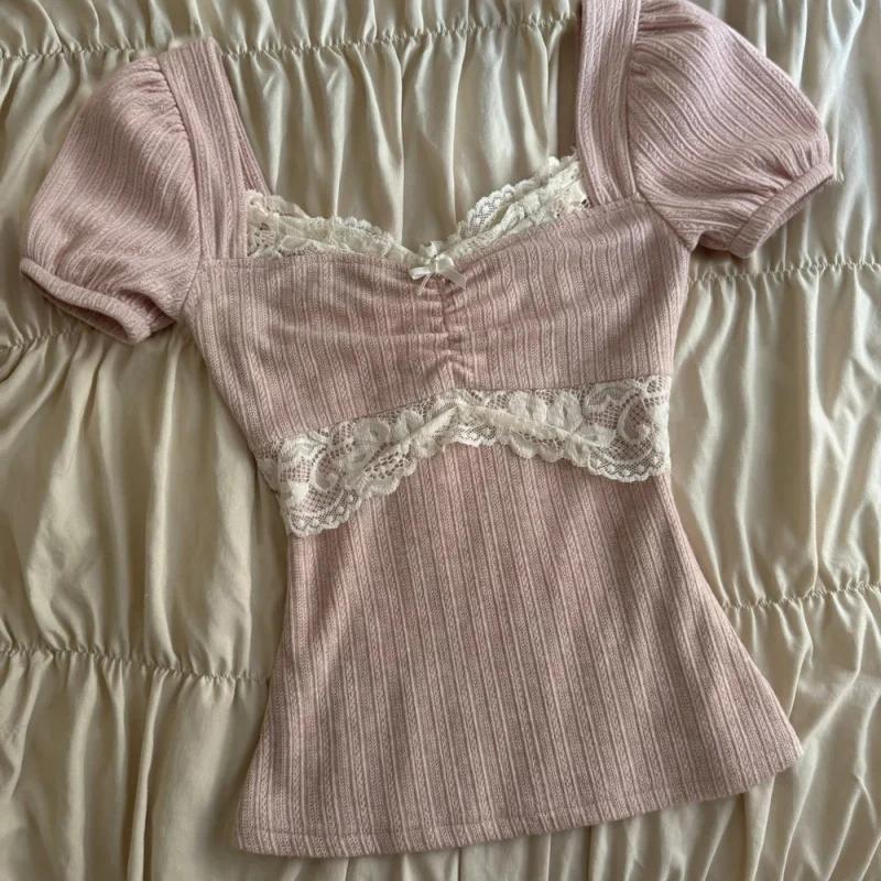 Hauts Y2K Grunge à manches courtes pour femmes, chemise estivale en dentelle patchwork, style coquet