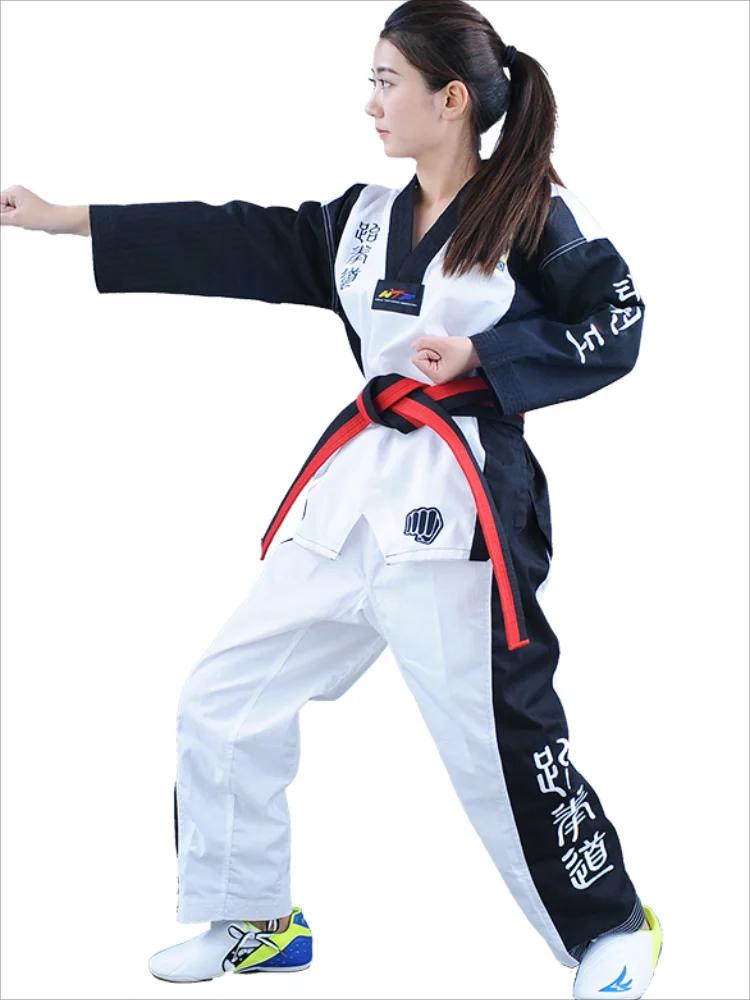 Uniforme de Taekwondo Dobok col V pour adultes et ados - Vêtements TKD noirs rouge et bleu certifiés WTF 3 documents
