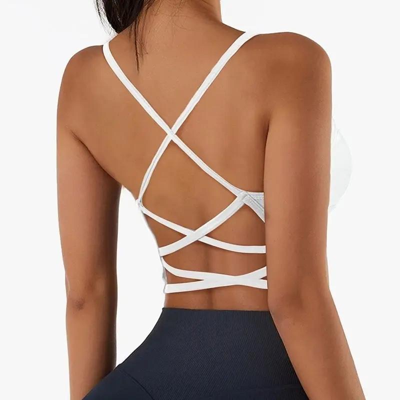 Soutien-gorge Push-Up respirant à bretelles croisées pour femme, haut court de sport, yoga et fitnes