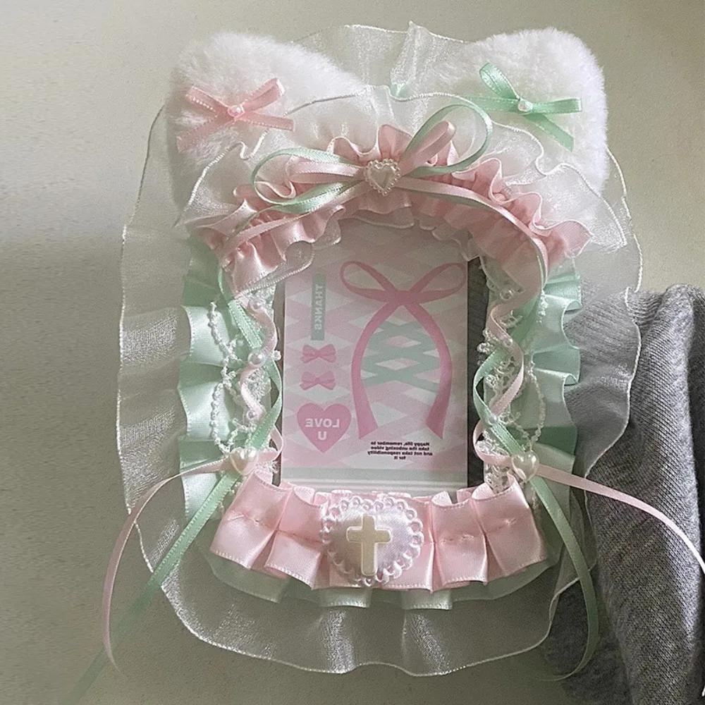 Doux bricolage porte-carte en peluche avec ruban Anime dentelle Photocard étui Lolita idole affichag