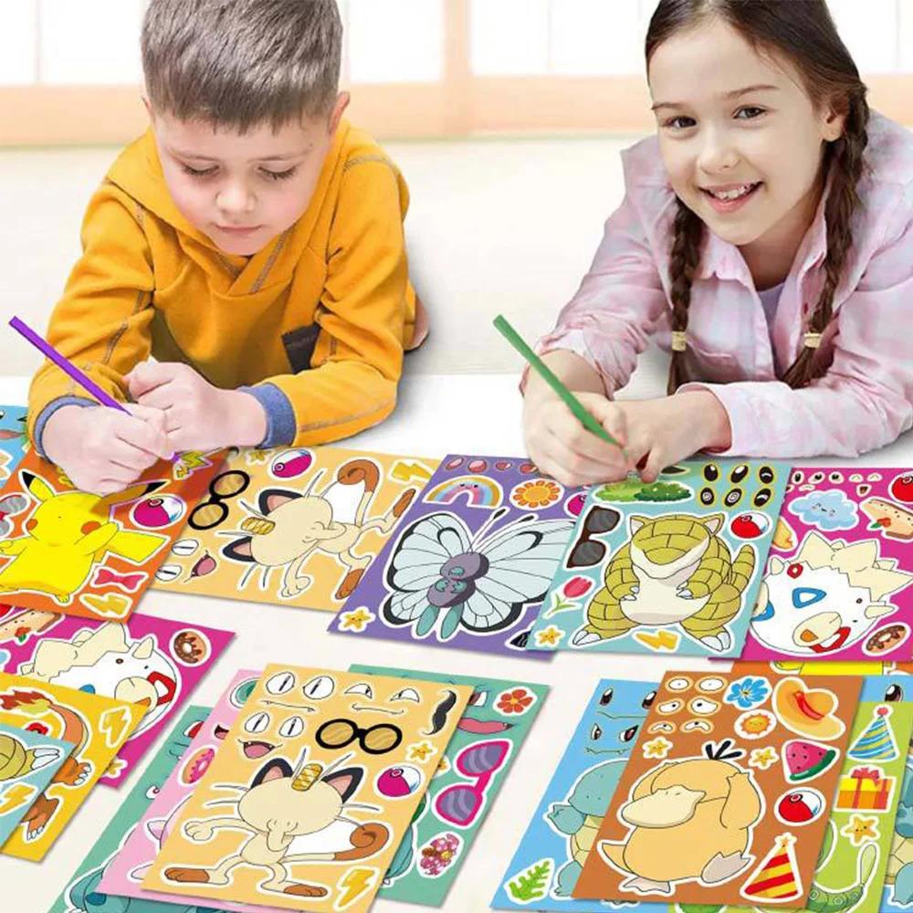 6/12 feuilles Pokemon enfants Puzzle Anime autocollants faire un visage assembler drôle dessin animé