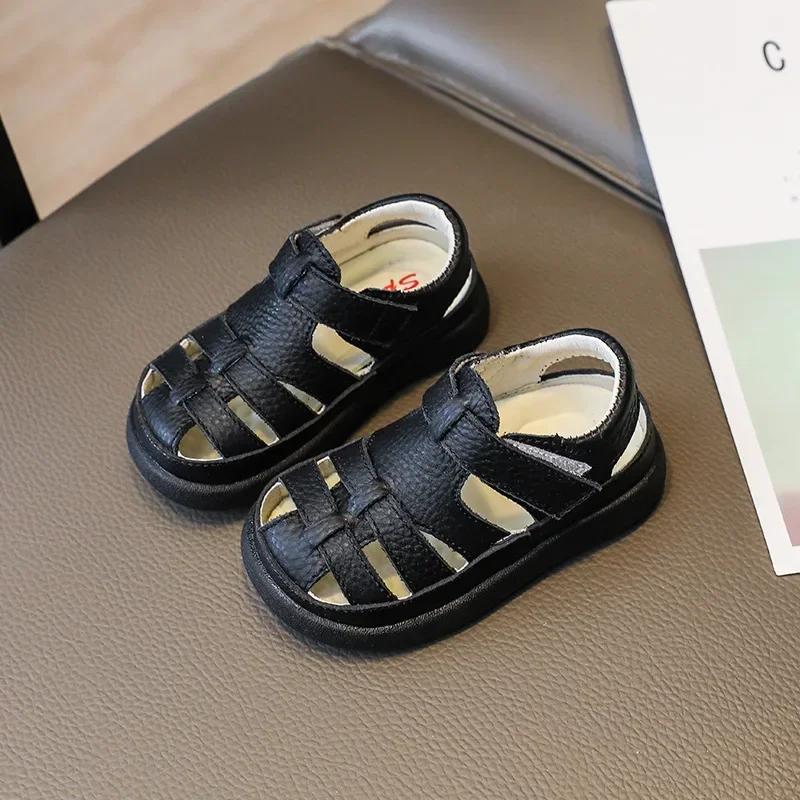 Sandales de plage coordonnantes en cuir véritable pour bébés garçons et filles, chaussures d'été déc