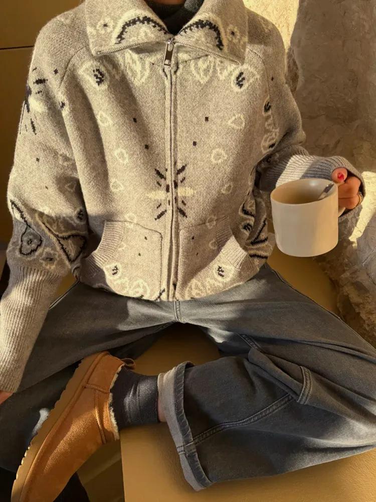 Cardigan Vintage en tricot Jacquard à col montant pour femme, fermeture éclair, manches longues, poc