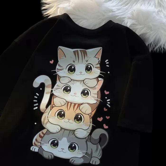 T-shirt manches courtes col rond femme, décontracté, ample et polyvalent, imprimé chat de dessin ani