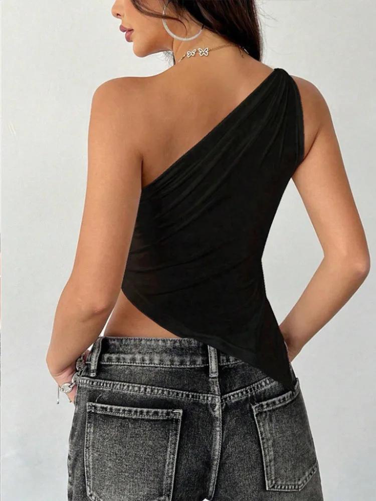 2025 nouveau T-Shirt femme décontracté à la mode couleur unie simple épaule asymétrique haut ajusté 