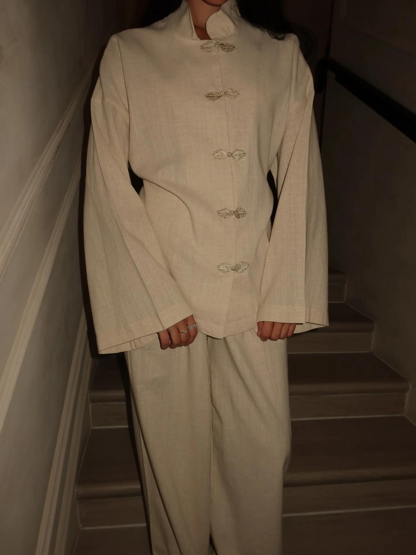 Ensemble pantalon long femme style chinois chic avec boutons grenouille, manteau à col montant simpl
