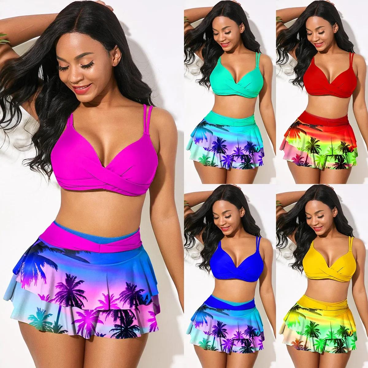 Maillot de bain à volants pour femmes, sexy, push-up, amissié, croix, imprimé érable, plage, jupe tr