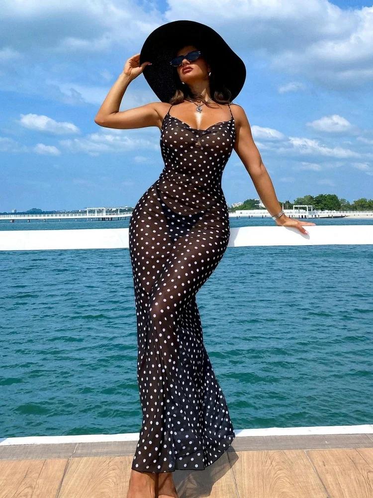 Maillot de bain une pièce 2026 NOUVEAU Noir à pois, sexy, en maille semi-transparente, avec jupe lon