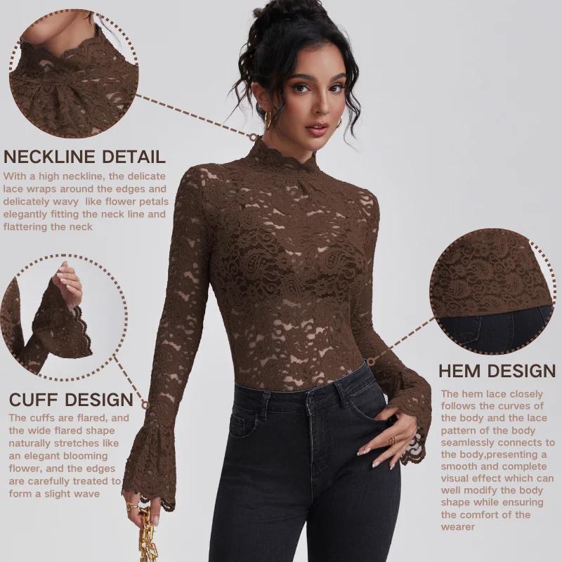 Anfilia femmes chemises en dentelle col roulé élégant Flare manches longues évider coupe ajustée Cro