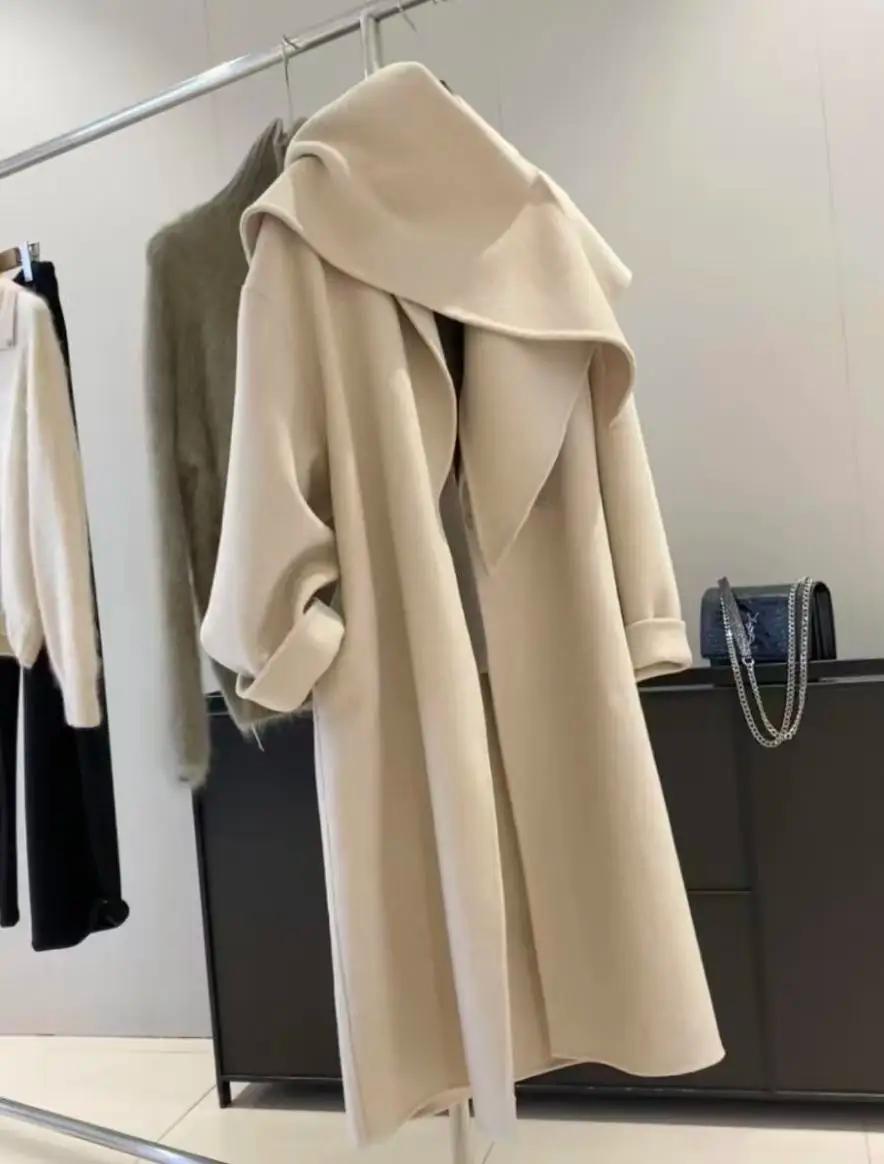 Manteau en laine mélangée à revers pour femme, 72 % laine, avec écharpe, nouvelle collection 2026, q