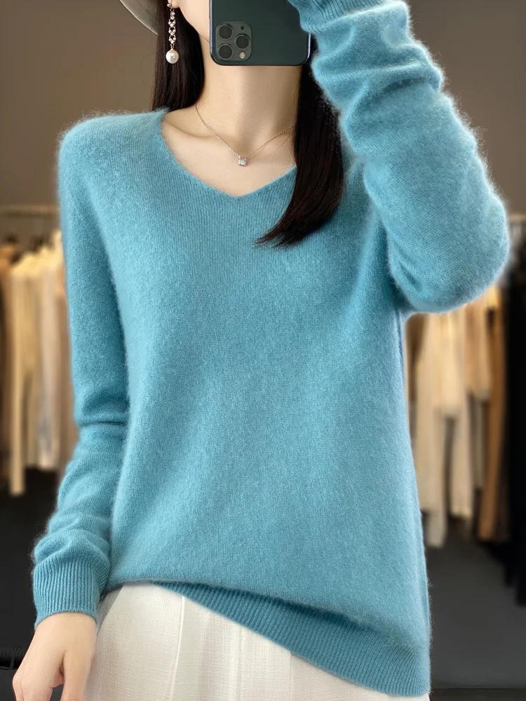 Fashion100 % laine mérinos pull cachemire pull femmes tricots col en v à manches longues automne hiv