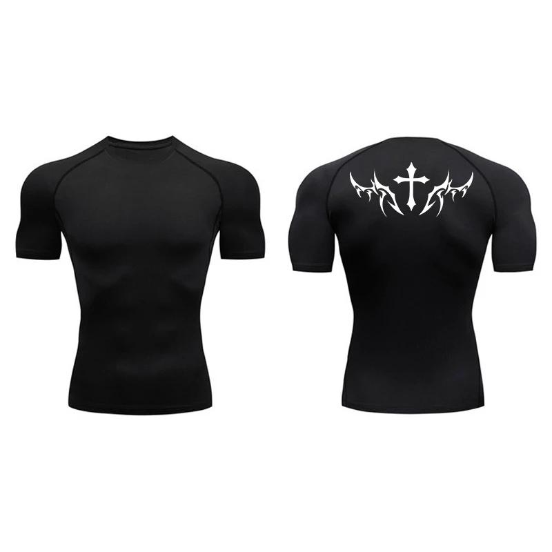 Chemises de Compression à manches courtes pour hommes, imprimé croisé, t-shirts athlétiques à séchag