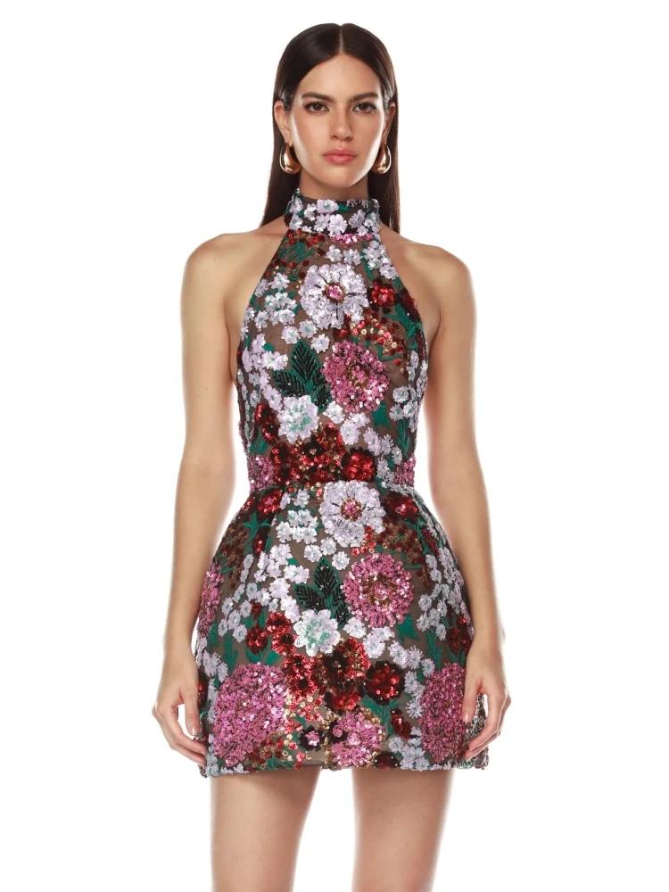 Mini robe Sexy à paillettes et fleurs brodées pour femmes, col licou, sans manches, dos nu, paillett