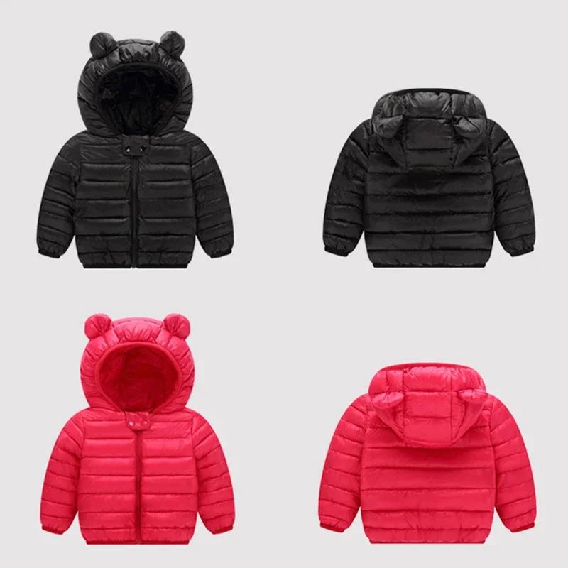 Mignon bébé filles vêtements d'hiver enfants légers vers le bas manteaux avec oreille à capuche prin
