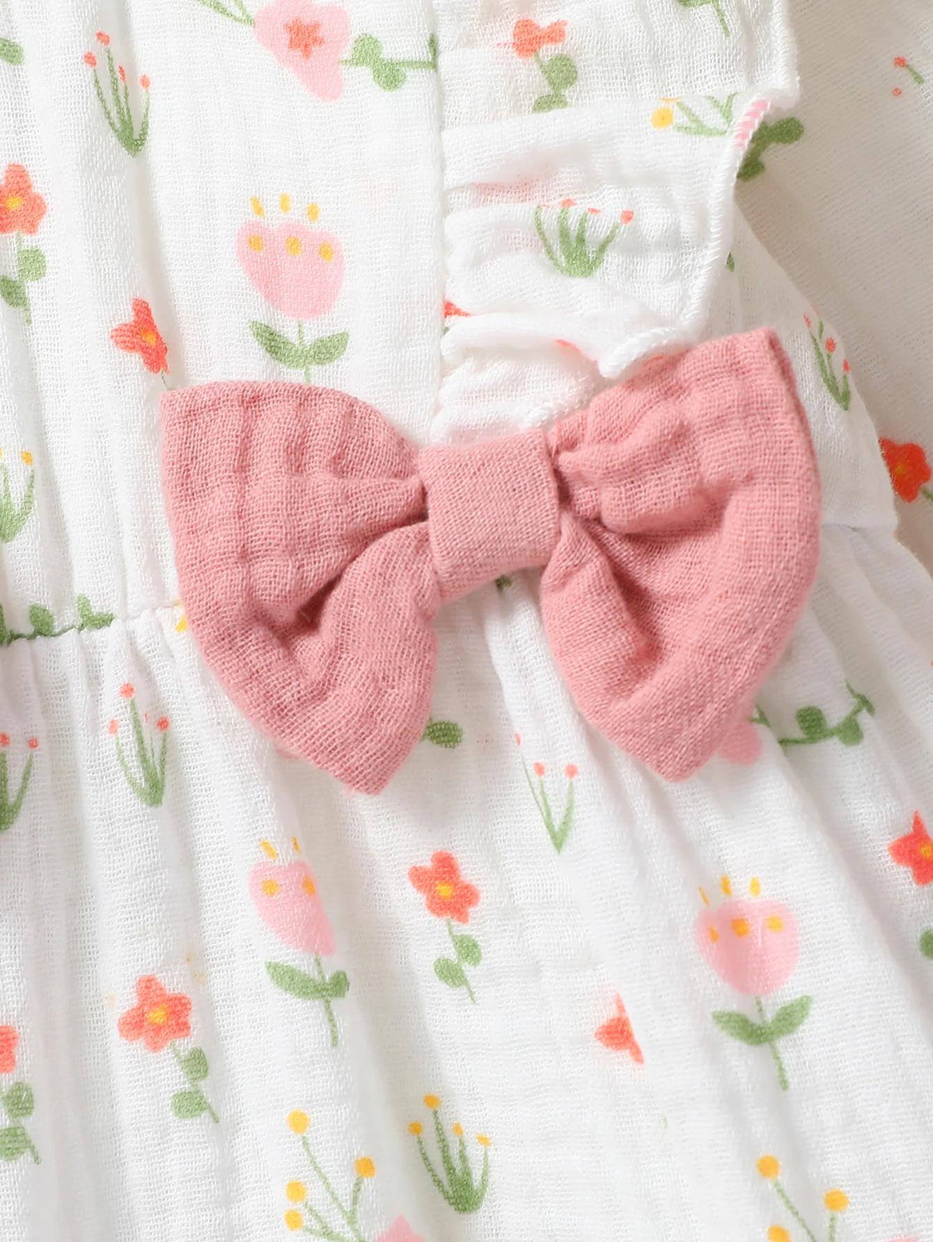 Combinaison quotidienne à manches longues pour bébé fille, imprimé Floral avec nœud, vêtements pour 