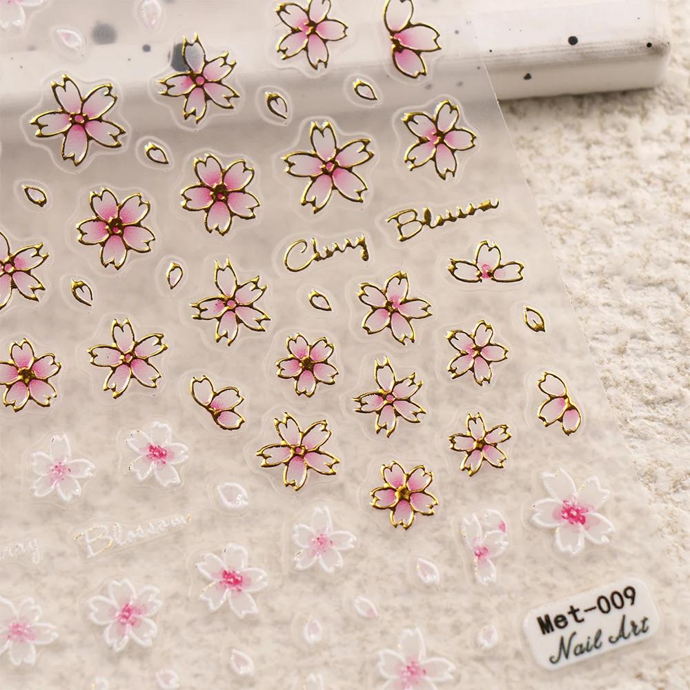 Autocollants 3D pour ongles, motif fleurs de cerisier, fleurs de pêcher, marguerites, feuilles dorée
