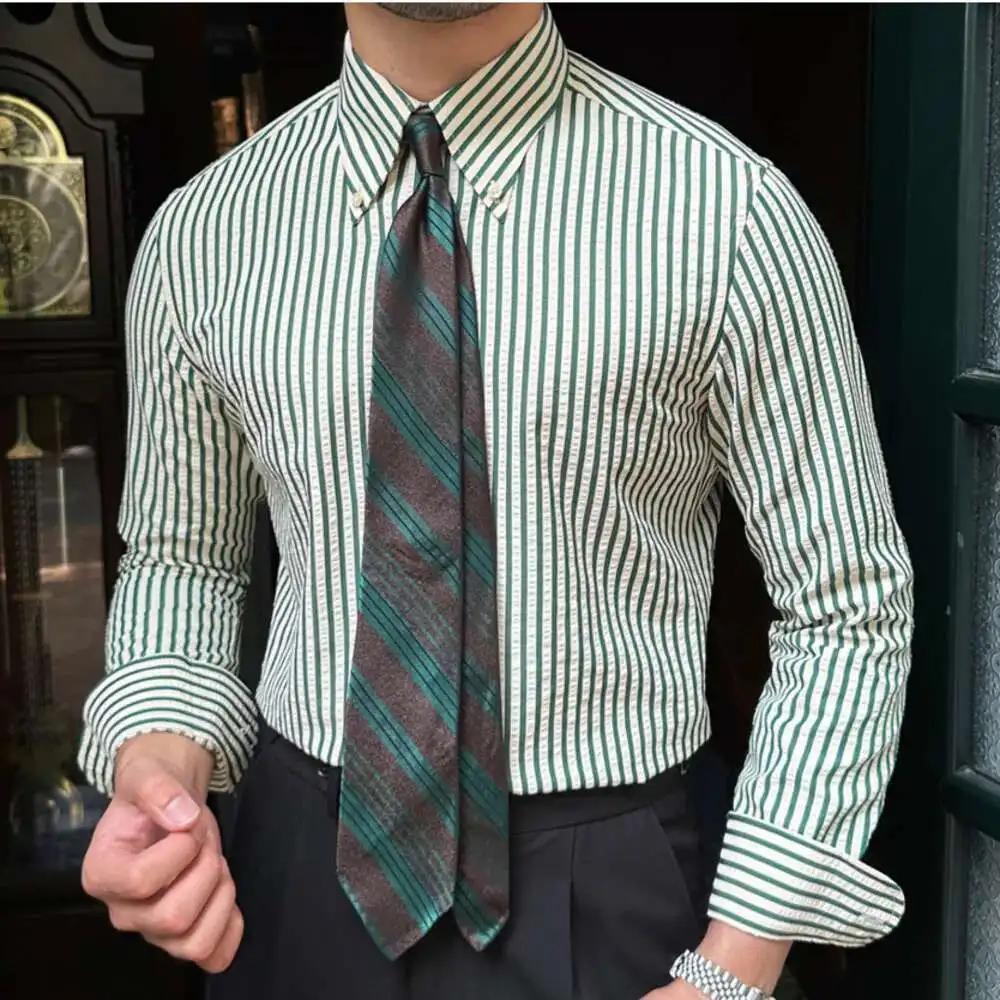 Chemise rayée à manches longues pour hommes, chemise d'affaires décontractée, mince, Seersucker, hau