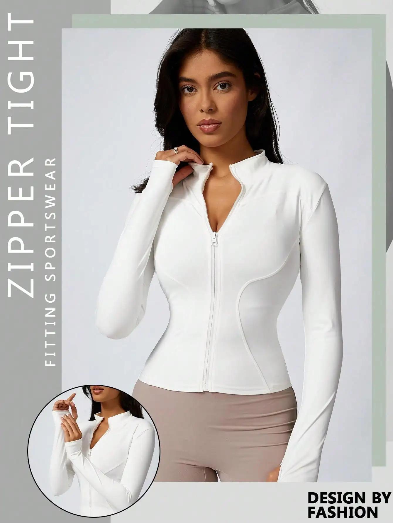 Veste de sport à col roulé avec fermeture éclair de couleur unie pour femmes, haut de sport à manche
