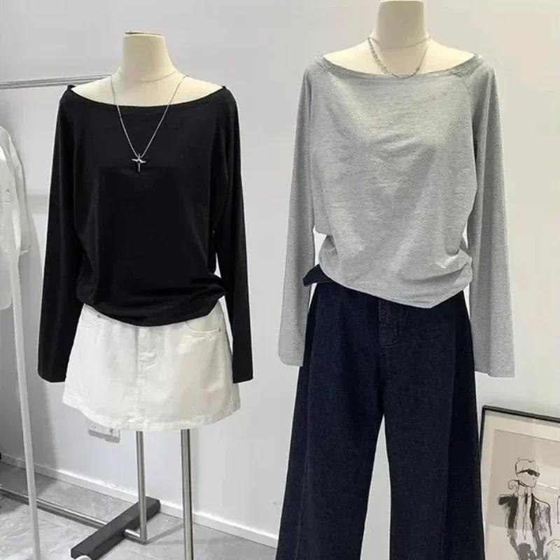 Chemise asymétrique épaule dénudée en coton, manches longues, épaules inclinées, Style de vêtements 