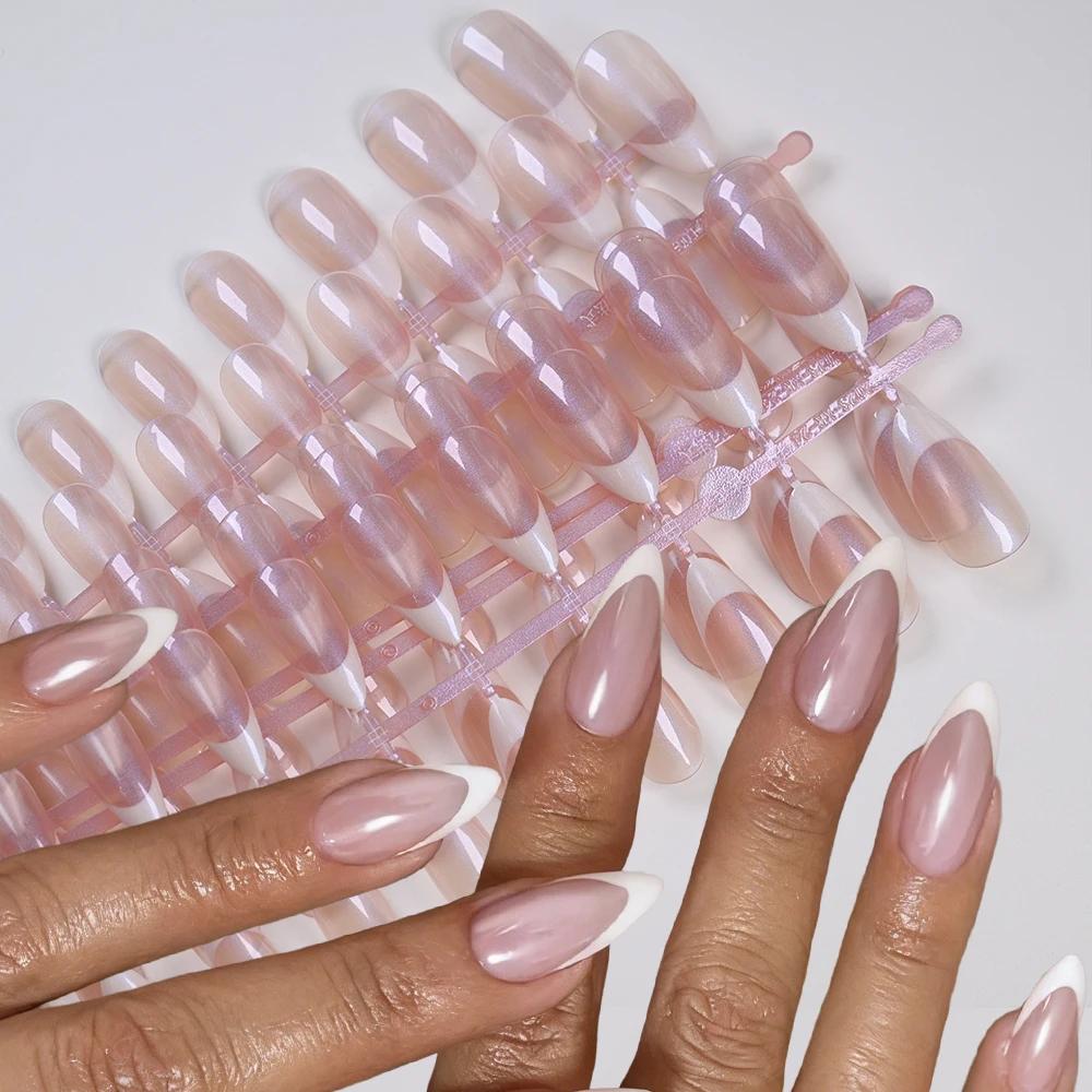 120 pièces français nacré faux ongles court amande couverture complète presse sur ongles blanc bord 