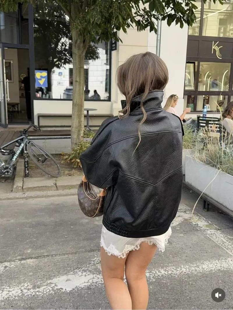 ETJ 2025 nouvelle version ample de la mode des femmes de col montant veste en simili cuir style de r