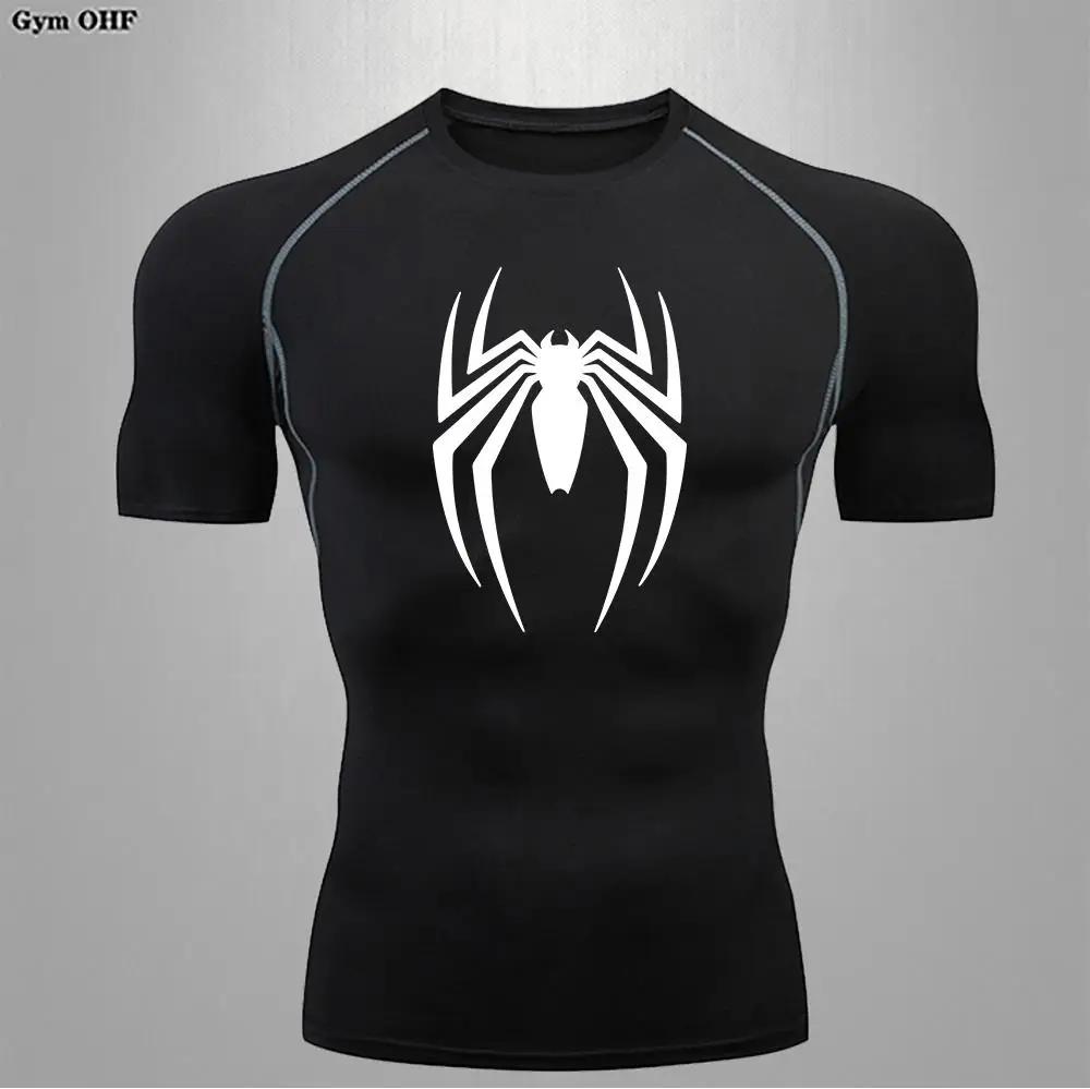 T-shirt compression imprimé Spider pour hommes - Rashguard manches courtes MMA et musculation