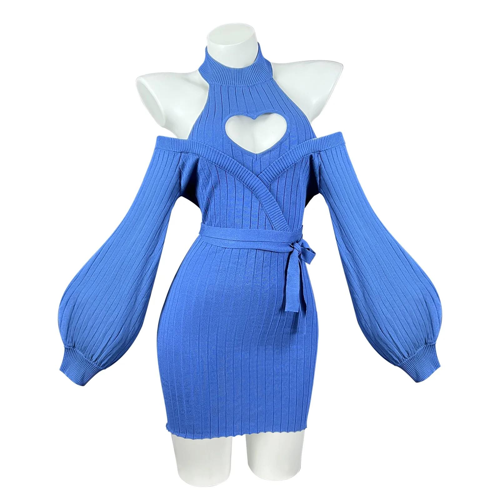 Robe en tricot bleu sexy à motif d'automne et de cœur, bretelles, dos nu, pull à col roulé doux pour