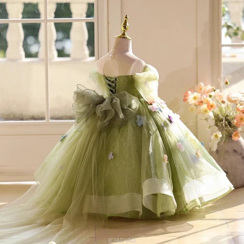 Robe de bal longue pour filles, vêtements floraux verts, robes de princesse d'anniversaire, tenue de