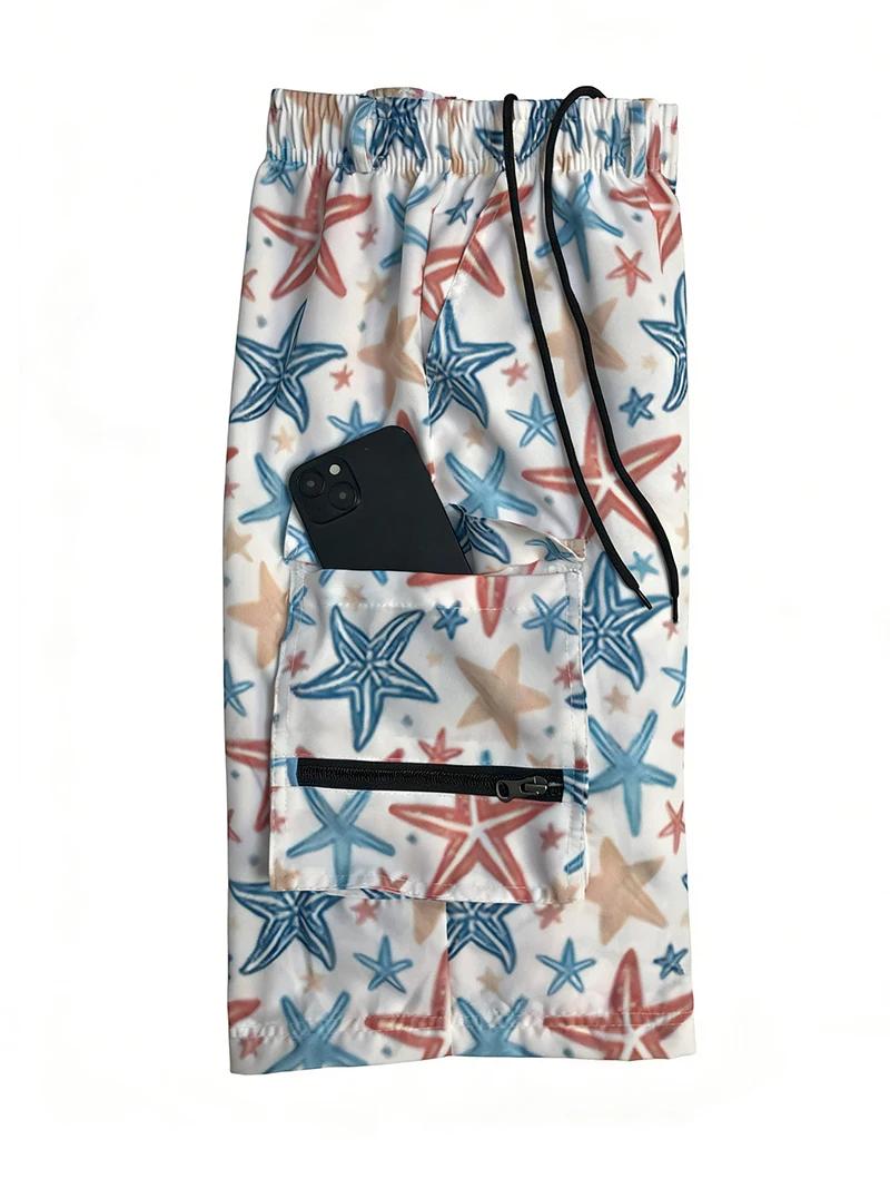 Shorts de plage pour hommes à imprimé intégral avec plusieurs poches, shorts de bain à séchage rapid