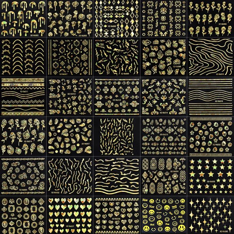 6/30 autocollants pour ongles 3D laser doré rétro, motifs floraux, étoiles, cœurs, feuilles, décorat