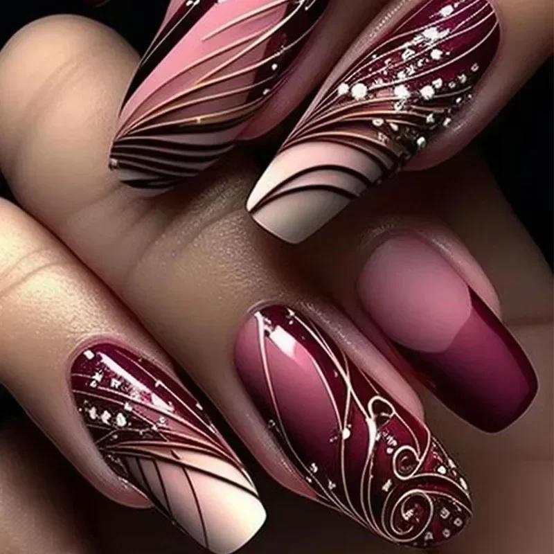 Faux ongles de Ballet en forme d'échelle, 24 pièces, avec bande de colle, Nail Art Floral ombré, pre