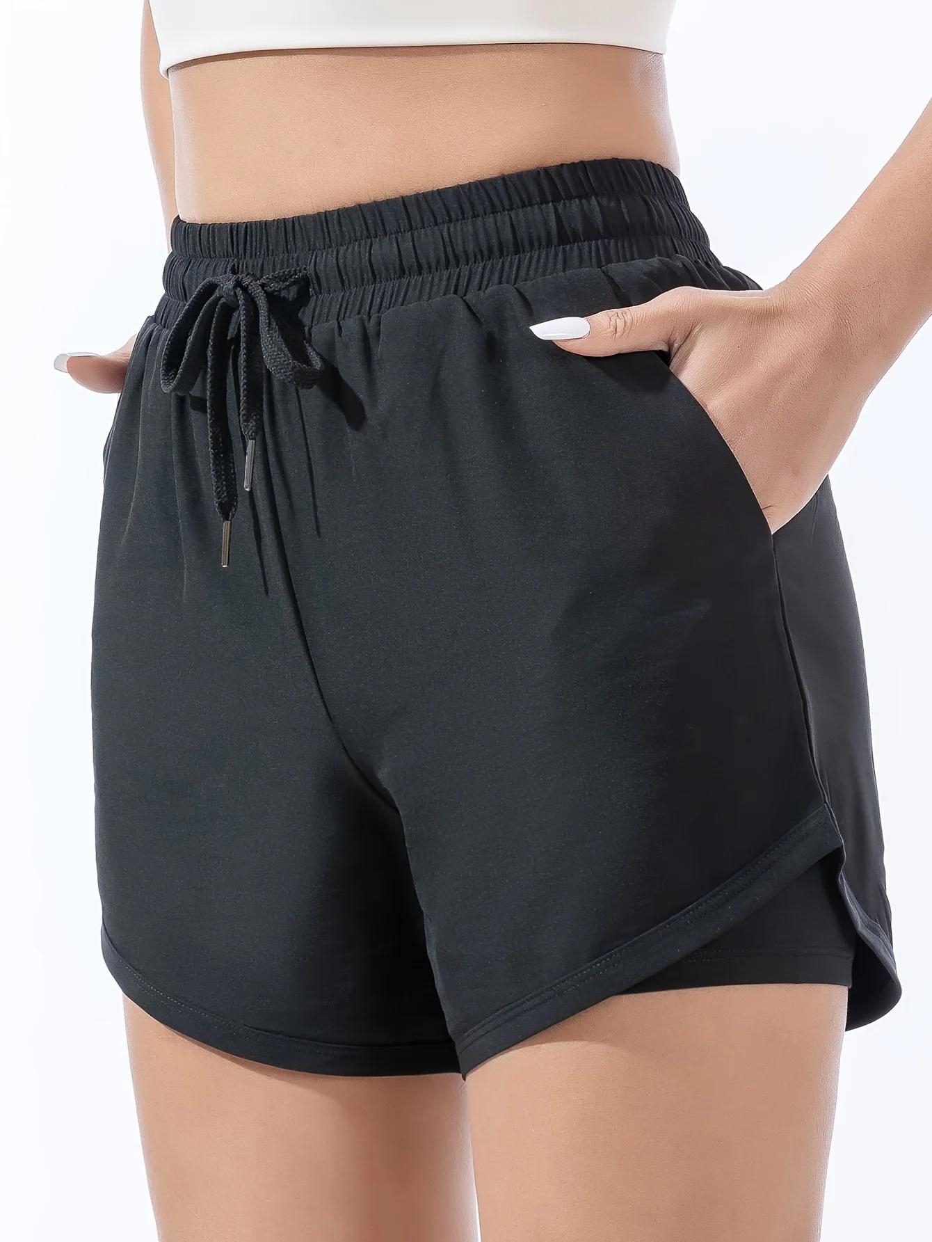 Short de sport ample taille haute pour femmes, double couche, anti-éblouissement, pantalon de fitnes