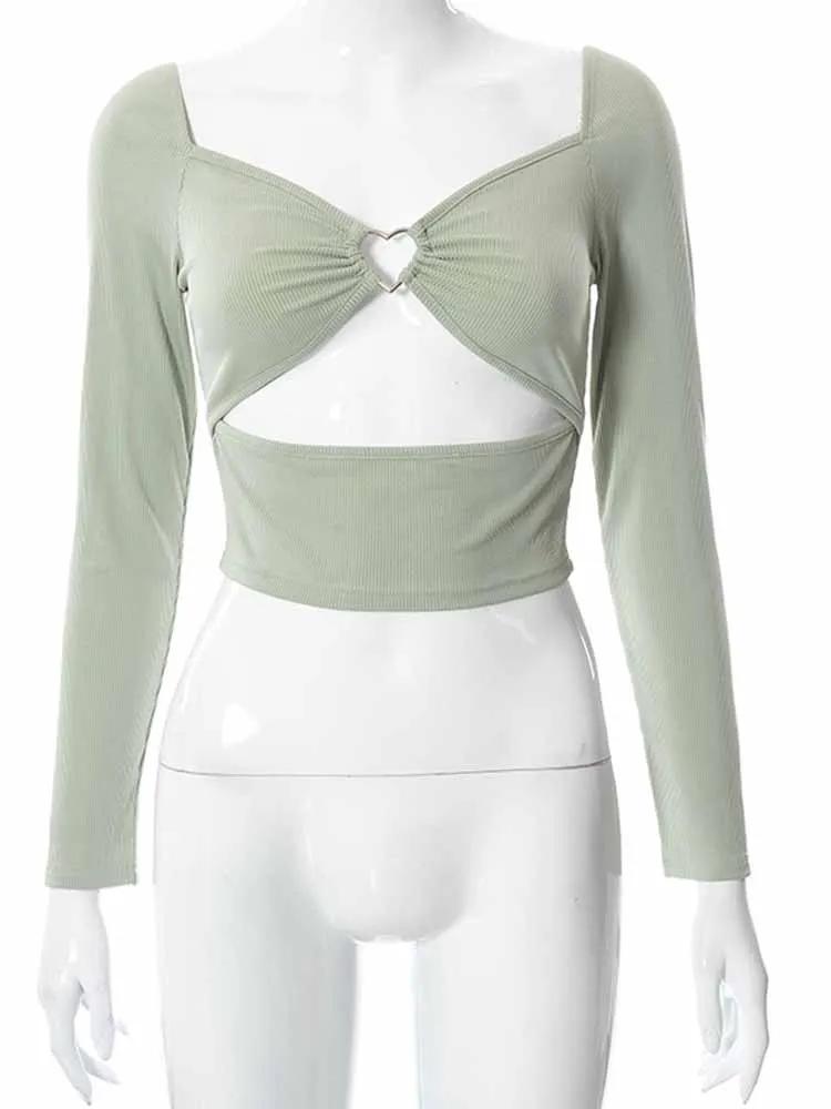 Haut court à manches longues et col en v pour femme, haut court ajouré, décontracté, mode printemps-