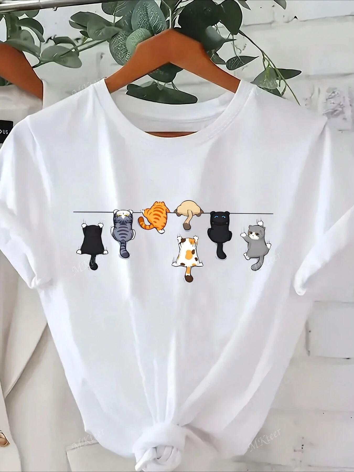 Femmes mignon chat imprimé col rond à manches courtes t-shirt style décontracté blanc à manches cour