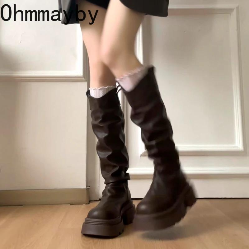 Automne hiver plate-forme fond épais femmes bottes longues mode sans lacet chaussures Vintage dames 