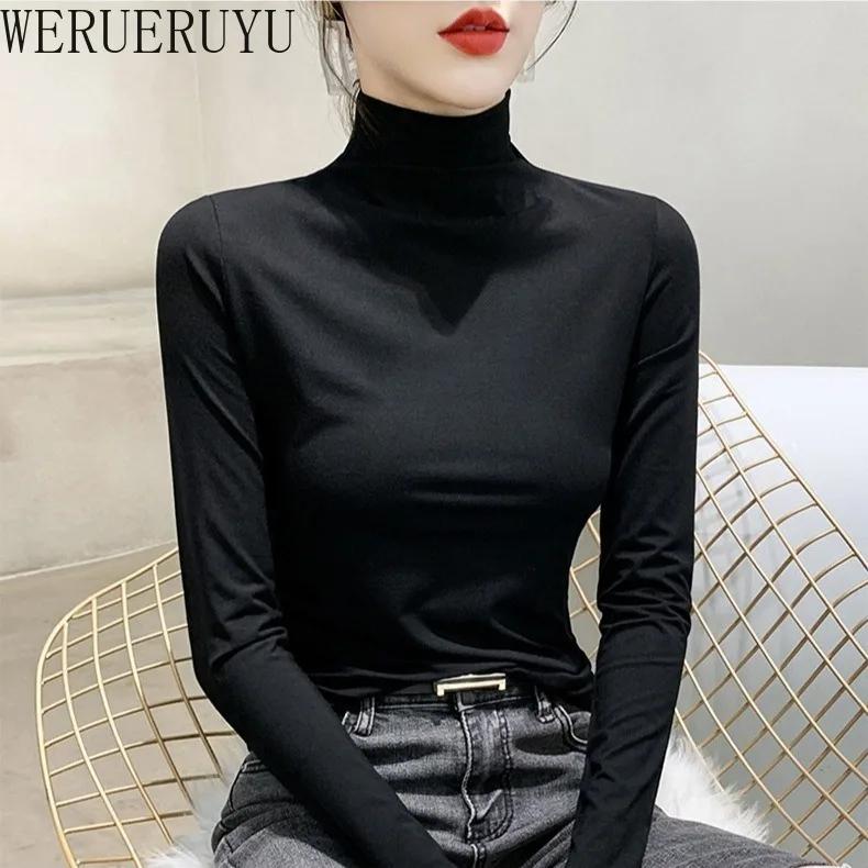 T-shirt noir à col roulé et manches longues pour femme, vêtement Y2k, mode coréenne, Modal, élégant,