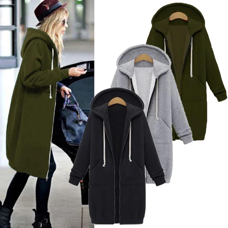 2025 Women's Autumn Winter ThickenHoodies Parkas Loose Hooded Jackets Zipper Pocket Maxi Size Sweats