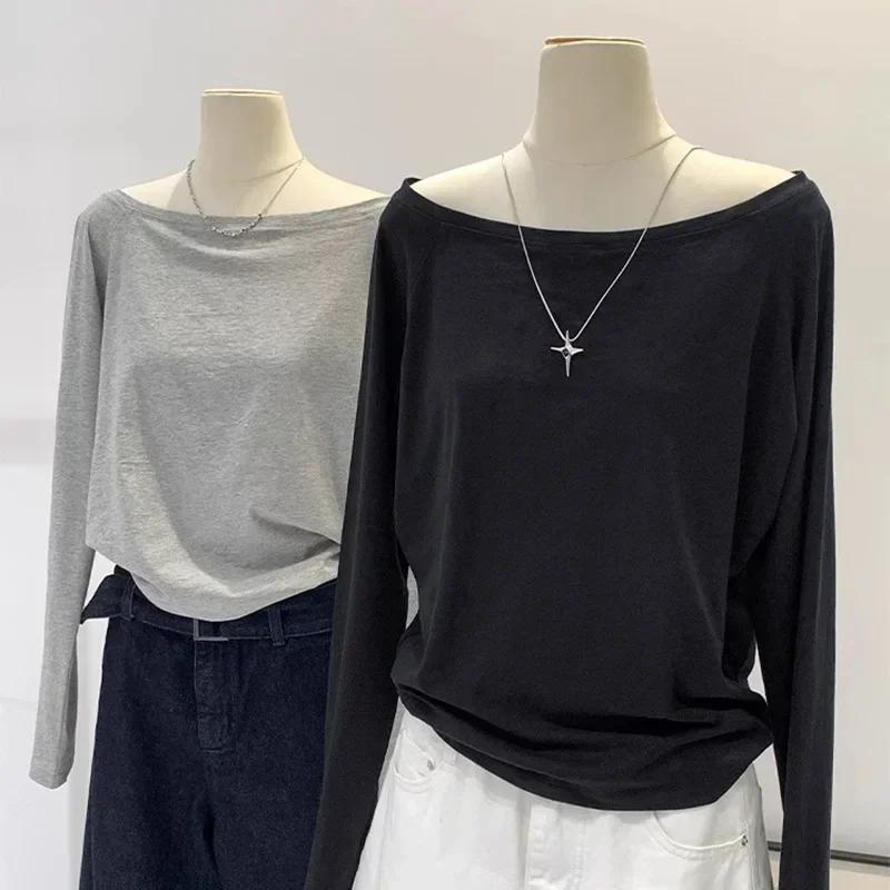 Chemise asymétrique épaule dénudée en coton, manches longues, épaules inclinées, Style de vêtements 