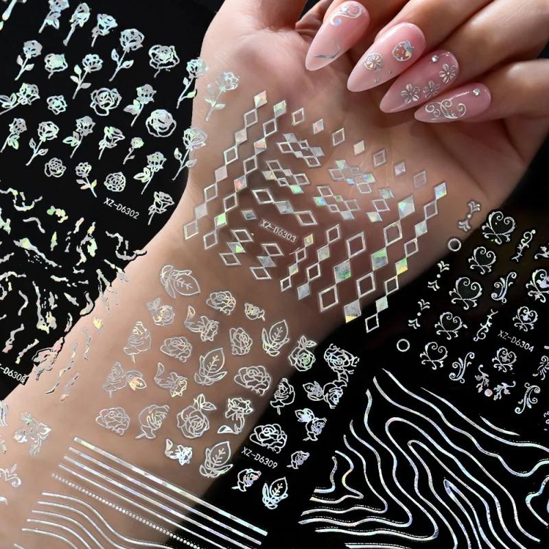 6/30 autocollants pour ongles 3D laser doré rétro, motifs floraux, étoiles, cœurs, feuilles, décorat