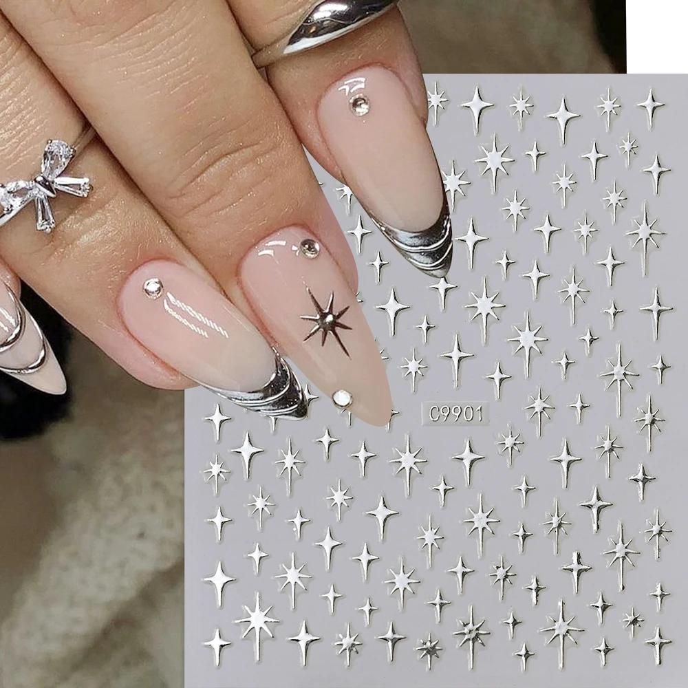 Autocollants pour ongles étoiles Laser 3D, 6 couleurs, miroir métallique doré argenté, décalcomanies