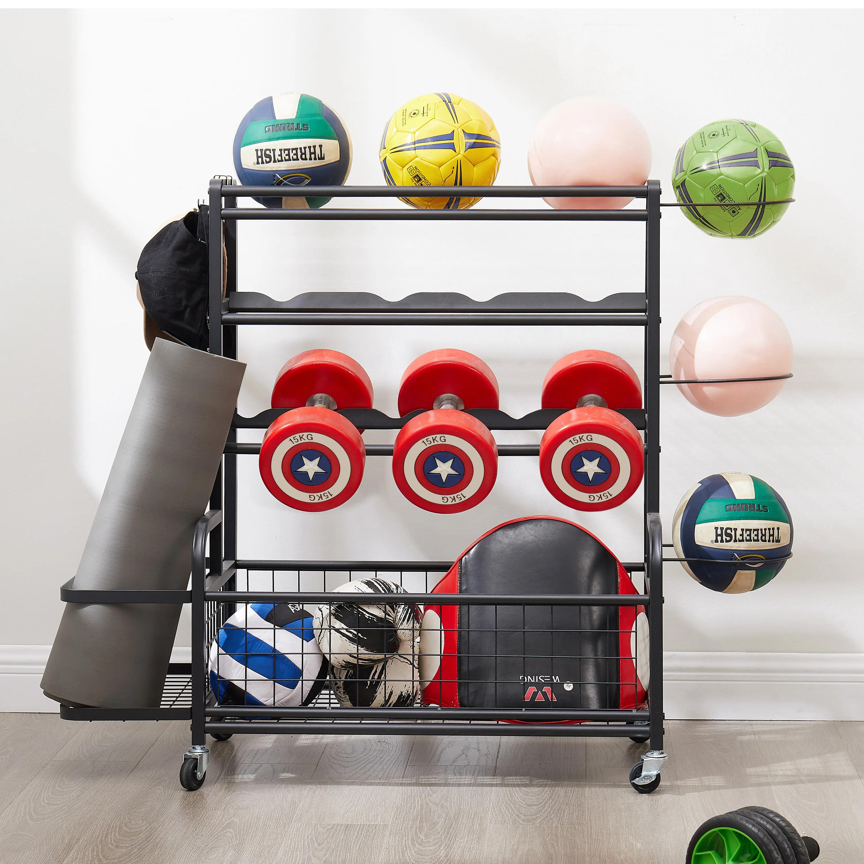 Polymères de stockage en métal à 4 niveaux avec roues roulantes, équipement de sport de basket-ball,