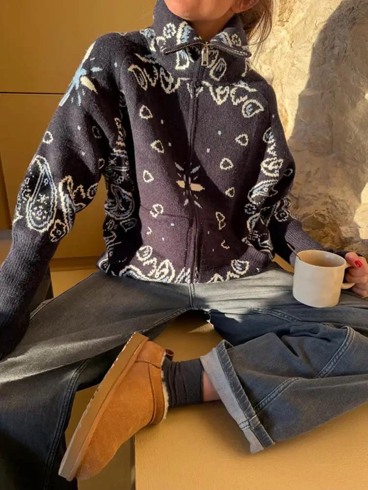 Cardigan Jacquard décontracté pour femmes, ample, col montant, poches zippées, pull assorti avec tou