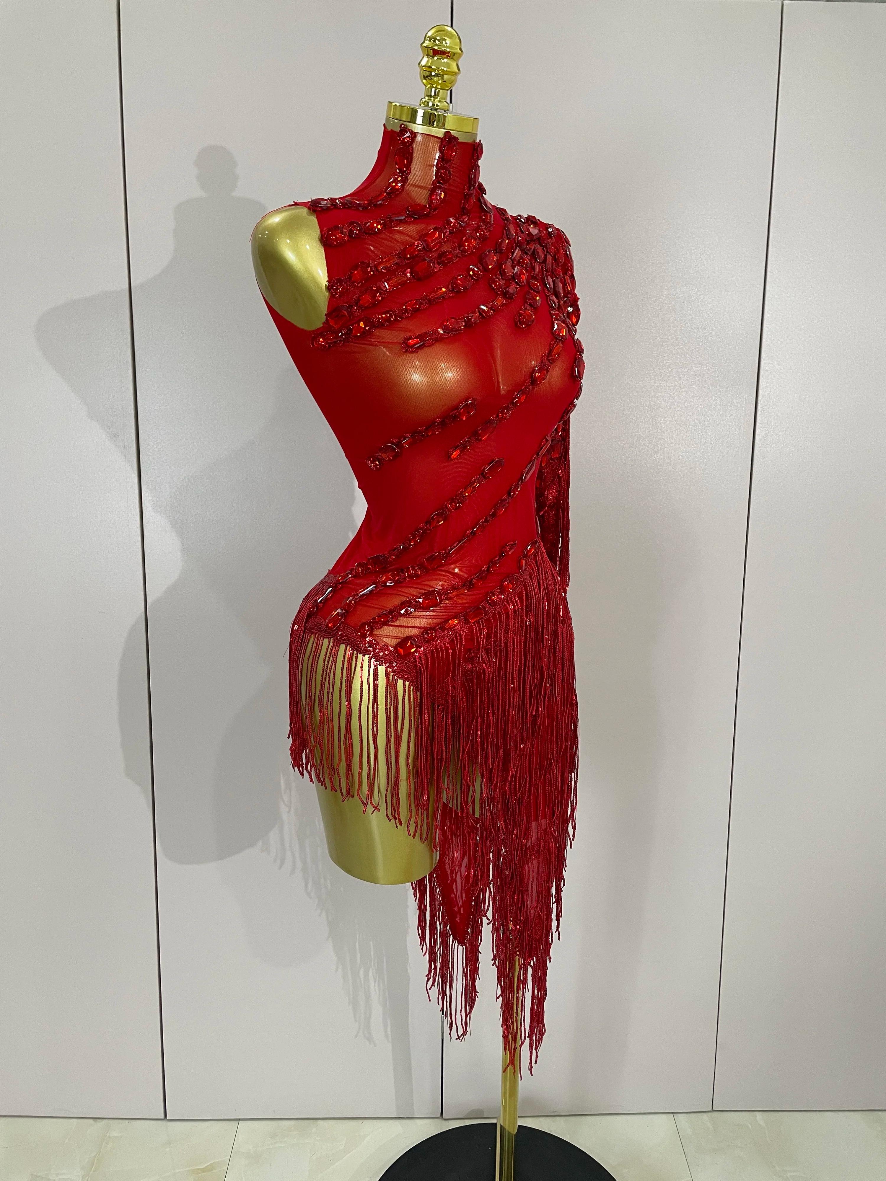 Costume de scène avec franges et strass scintillants pour femmes, robe transparente Sexy, asymétriqu